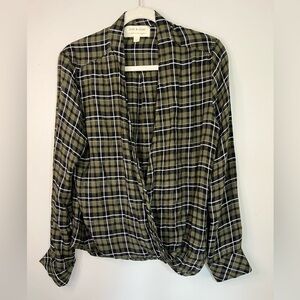 Anthropologie Cloth and Stone Olive Plaid Women's Wrap Fall Top Blouse Size M